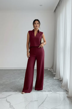 Burgundy sleeveless top and wide-leg pants set with V-neck and wide flared legs