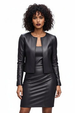 Black leather open-front jacket with fitted dress, front view, V-slit neckline