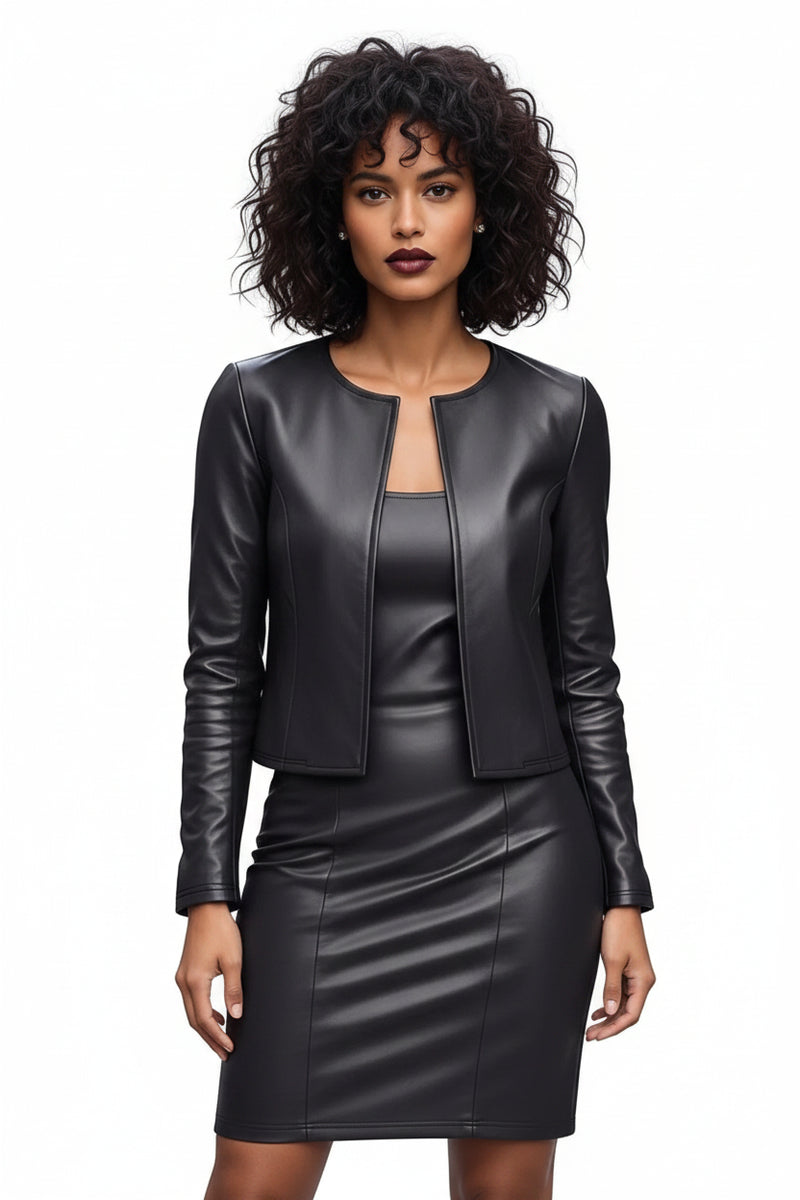 Black leather open-front jacket with fitted dress, front view, V-slit neckline
