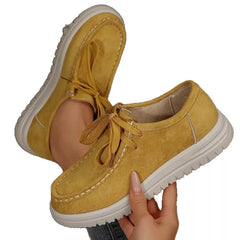 Apricot suede lace-up loafers, round toe, white chunky sole