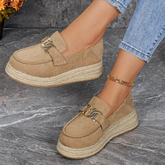 Suede round-toe platform loafers in light tan, metal buckle strap and rope-texture sole