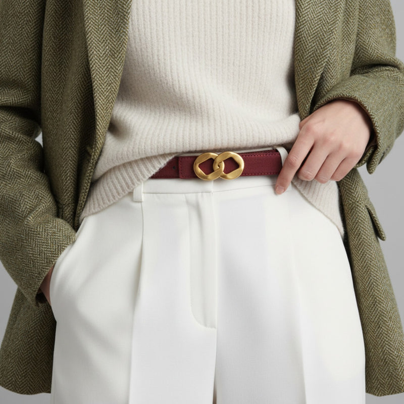Maroon adjustable belt with gold double-ring buckle