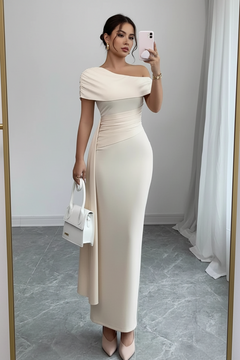 Apricot one-shoulder ruched maxi dress with fitted drape at waist