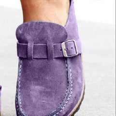 Purple suede round-toe low-heel loafer with front buckle and decorative stitching