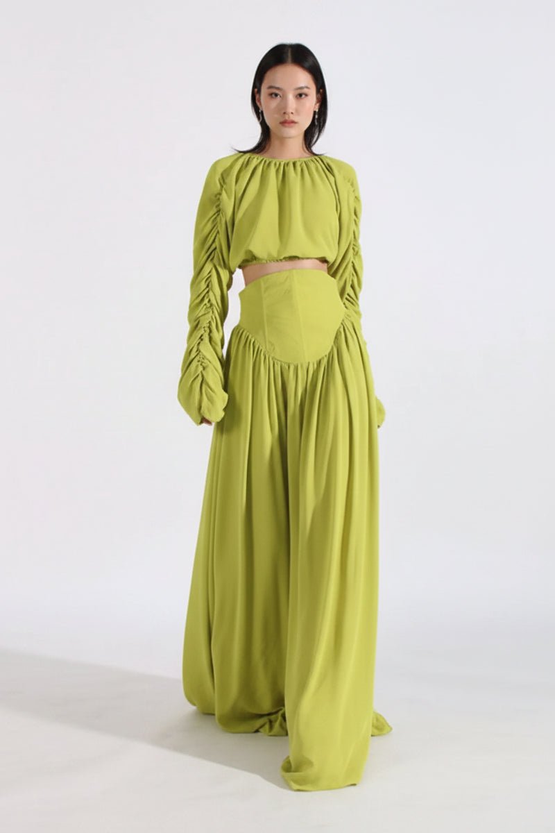 Green ruched long-sleeve crop top and high-waist maxi skirt set, elastic cuffs