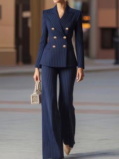 Blue pinstriped double-breasted blazer and wide-leg pants set, gold buttons