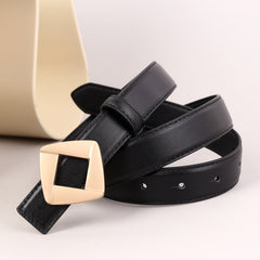 Geometric buckle belt, black strap with gold-tone square buckle and punched holes