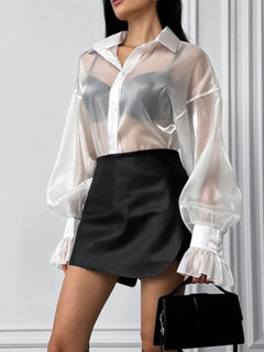 White button-up flounce sleeve shirt with sheer fabric and pointed collar