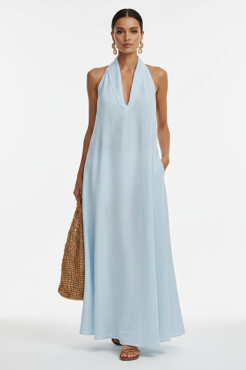 Light blue halter neck sleeveless maxi dress with V-neck and flowing skirt