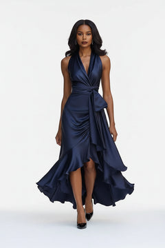 Navy satin maxi dress with surplice V-neck, tied waist, and ruffled high-low skirt