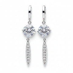 Silver moissanite drop earrings, round top stones with long oval pavé dangle