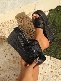 Lace platform wedge sandals, black open-toe slide with ankle strap