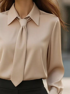 Collared neckline long-sleeve blouse with neck tie, light beige