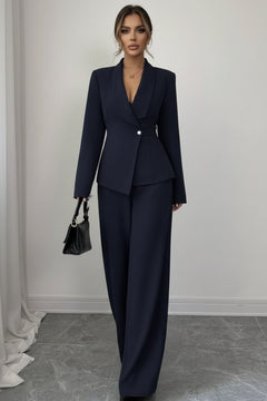 Navy one-button blazer and wide-leg pants set with notched lapel and gold button