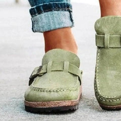 Sage green suede round-toe low-heel loafers with front buckle strap and tread sole