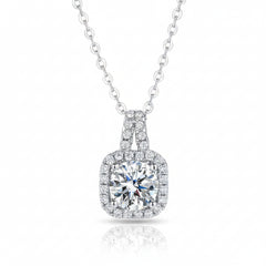 Large cushion-cut moissanite pendant with detailed pavé sides on silver chain