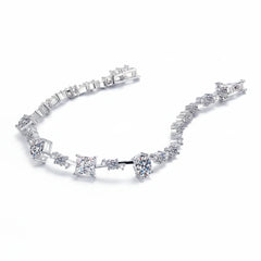 Sterling silver moissanite bracelet side view with row of prong-set stones
