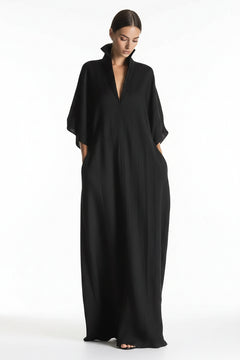 Black maxi dress with V-neck and 3/4 kimono-style sleeves