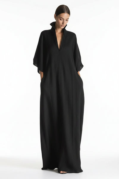 Black maxi dress with V-neck and 3/4 kimono-style sleeves