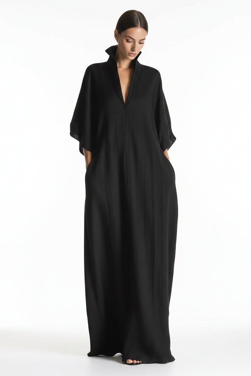 Black maxi dress with V-neck and 3/4 kimono-style sleeves