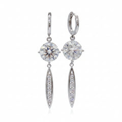 Silver moissanite drop earrings with round center stones and oval pavé drops