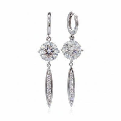 Silver moissanite drop earrings with round center stones and oval pavé drops