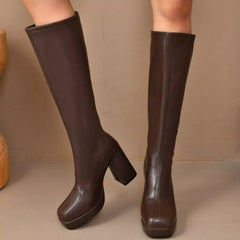 Brown square-toe block heel knee-high boots, side view
