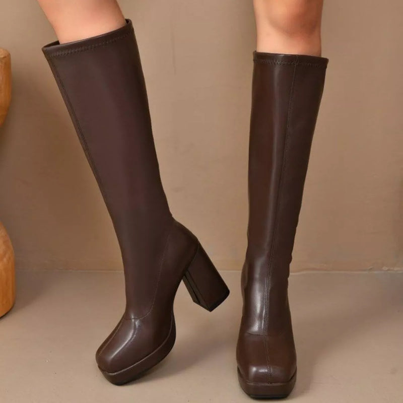 Brown square-toe block heel knee-high boots, side view