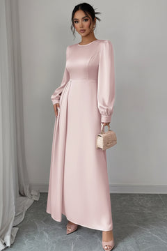 Blush pink satin long-sleeve maxi dress with puffed cuffs and smooth bodice