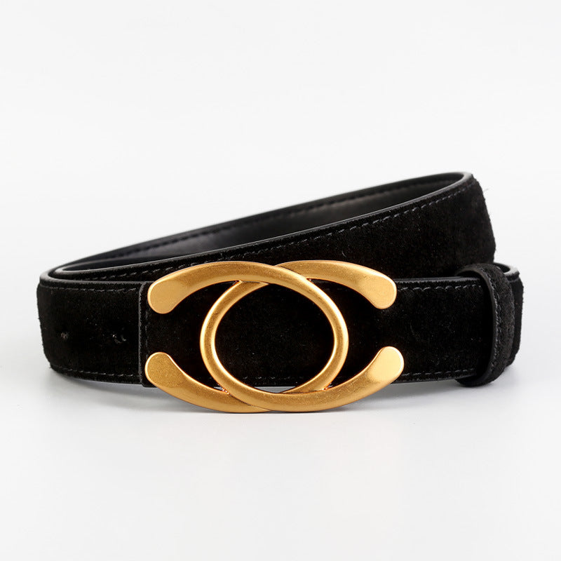 Black suede belt with gold buckle featuring interlocking ring design