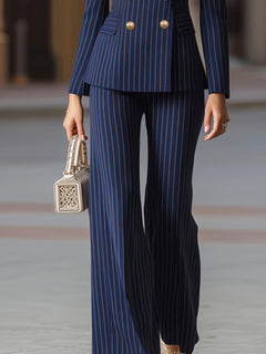Blue striped wide-leg pants with double-breasted blazer, gold buttons
