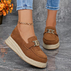 Suede round-toe platform loafers in brown with metal buckle detail and braided rope platform