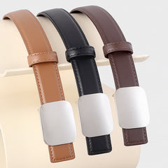 Leather belts with square buckles and stitched ends in tan, black, and brown