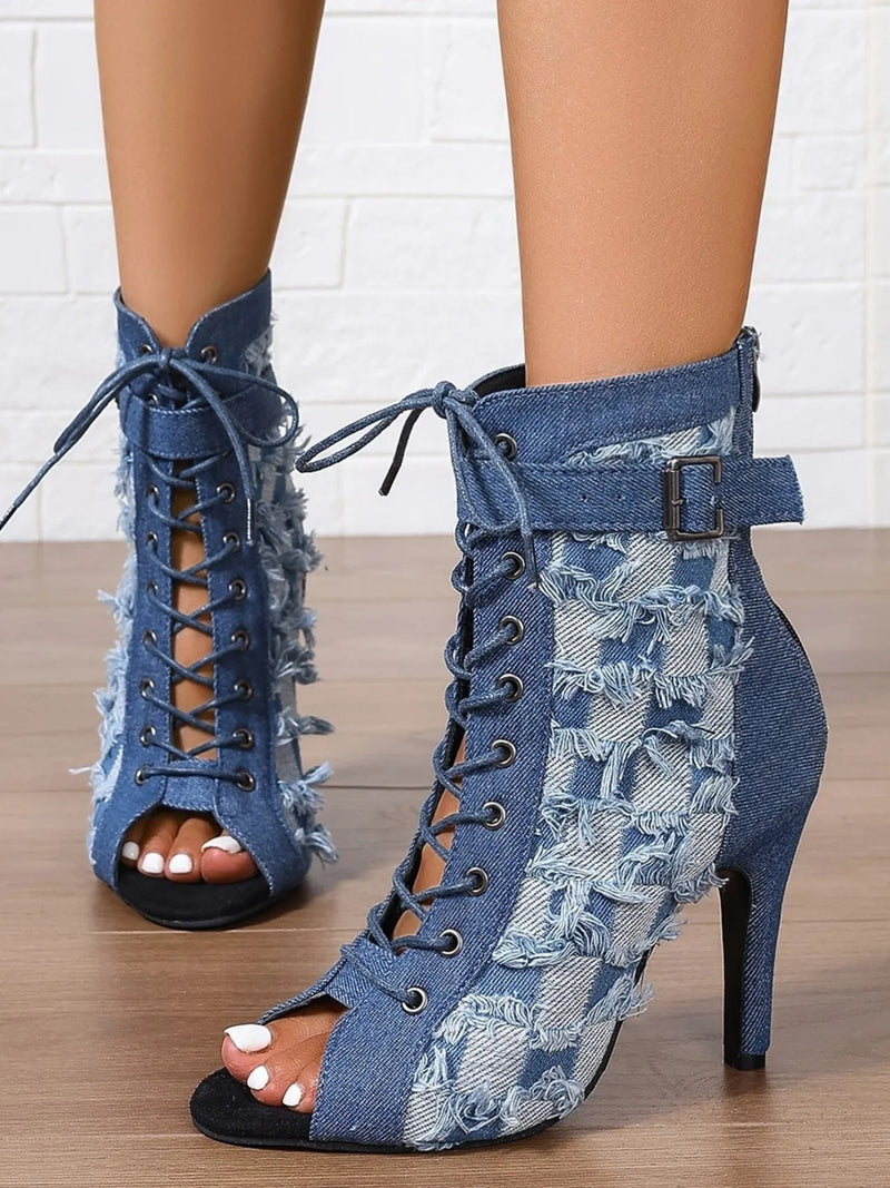 Peacock blue distressed denim lace-up peep-toe ankle boots, stiletto heel