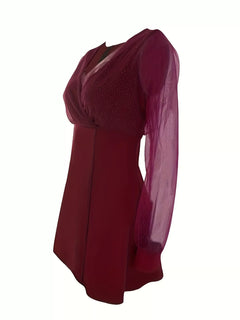 Wine red long-sleeve mini dress with glitter mesh overlay on the sleeves