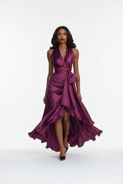 Purple satin sleeveless wrap maxi dress with tied waist and ruffled high-low hem