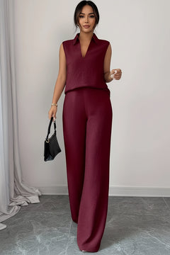 Burgundy sleeveless V-neck top and wide-leg pants set with matching long pants