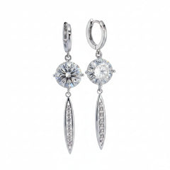 Silver moissanite drop earrings with round stones and elongated oval pavé dangles