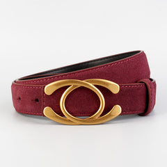 Burgundy/red suede belt with gold buckle ring loop detail