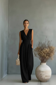 Black sleeveless wide-leg jumpsuit with V-neck and gathered waist