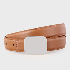 Brown leather belt with square buckle and contrast stitching