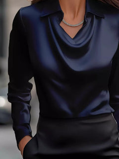 Dark blue satin cowl-neck long-sleeve blouse with draped V front