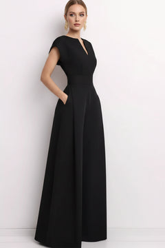 Black plus size jumpsuit with notched V-neck and wide-leg flares, short sleeves.