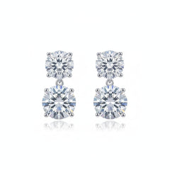Round moissanite drop earrings in sterling silver, four-prong setting, double row look