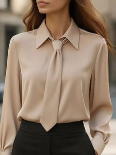 Collared neck long-sleeve blouse with neck tie, light beige