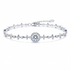 Sterling silver bracelet with round halo centerpiece and small pavé stone links