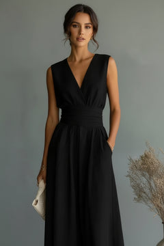 Black sleeveless wide-leg jumpsuit with V-neck and gathered waist