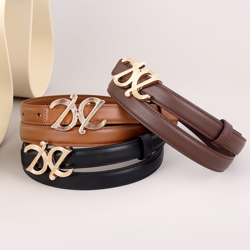 Leather buckle belt with silver-toned buckle, caramel and dark straps