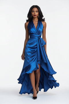 Blue satin maxi dress with surplice V-neck, tied waist, and cascading ruffled high-low hem