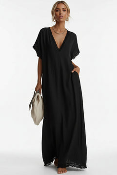 Black lace-trim V-neck maxi dress with short sleeves and scalloped hem detail